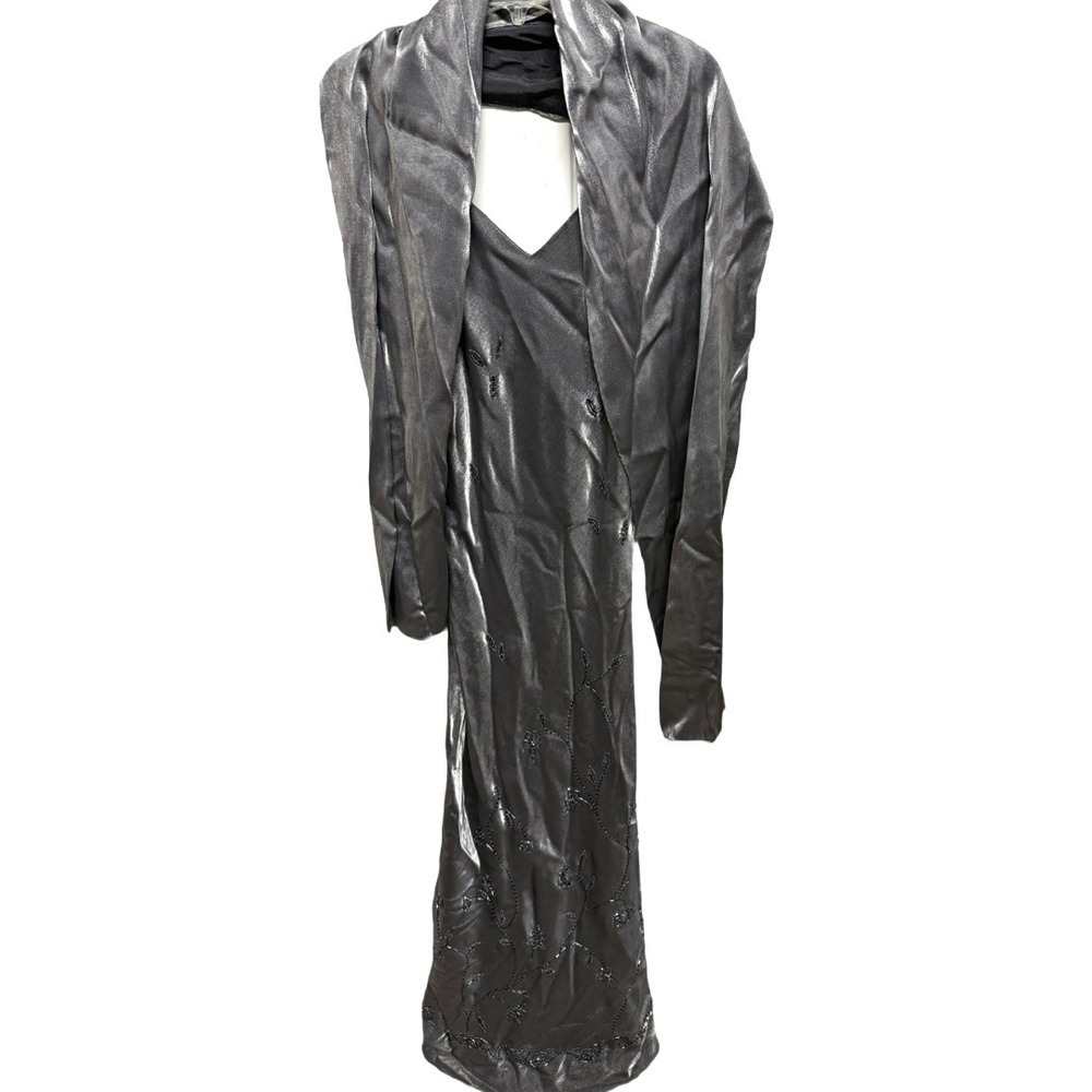 Cicci Metallic Silver Evening Gown Beaded with shawl Size Large Y2K Formal Prom